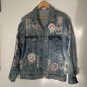 Statement Sunset + Spring Distressed Denim Jacket w/ Embellished Florals (M)